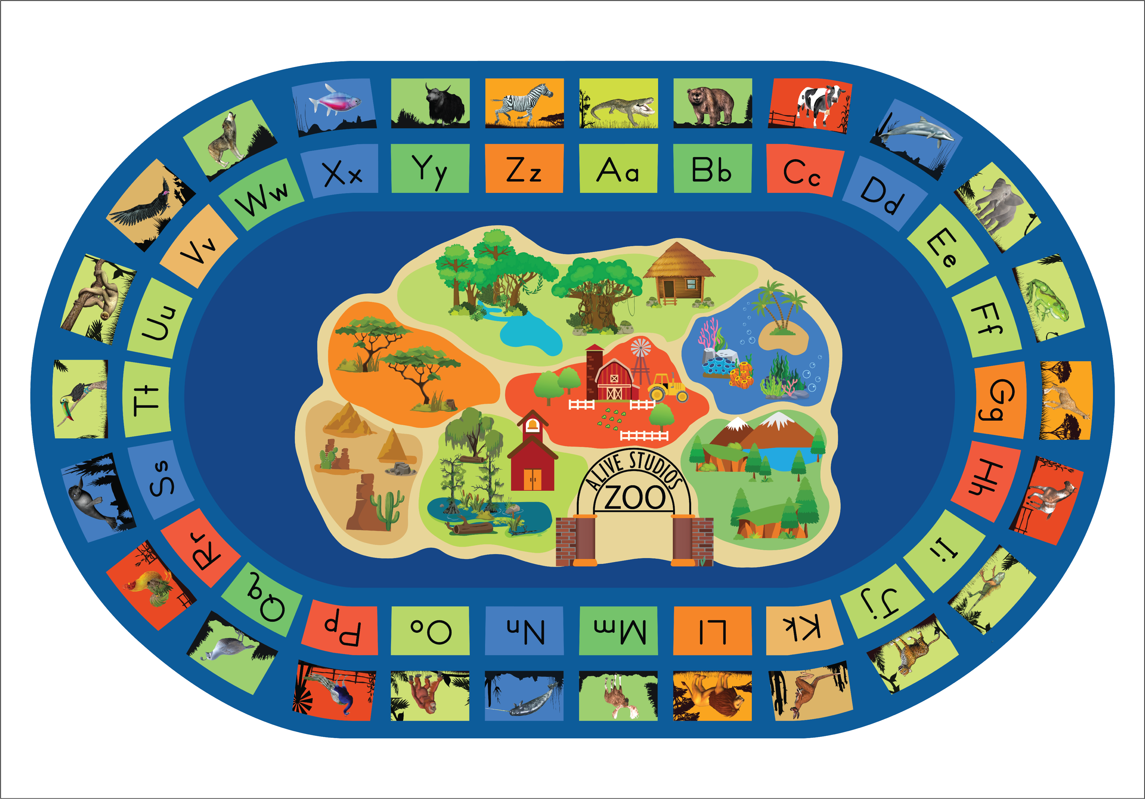 classroom rug with 3D zoo animals